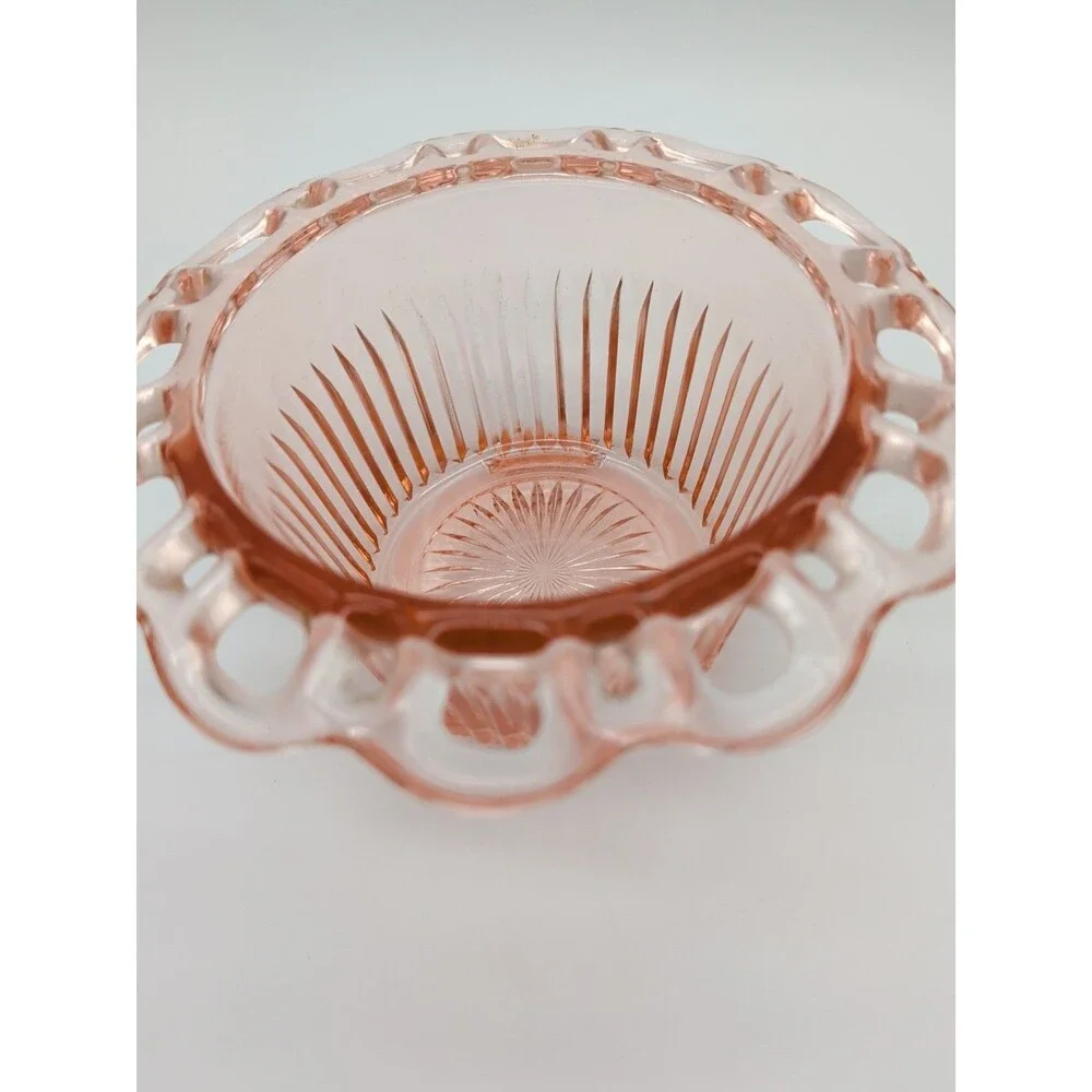 Anchor Hocking Old Colony Pink Depression Glass Open Lace Edge Footed Bowl